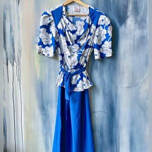 70's- 80's Vintage KR of NY Blue White Floral Peplum Maxi Dress